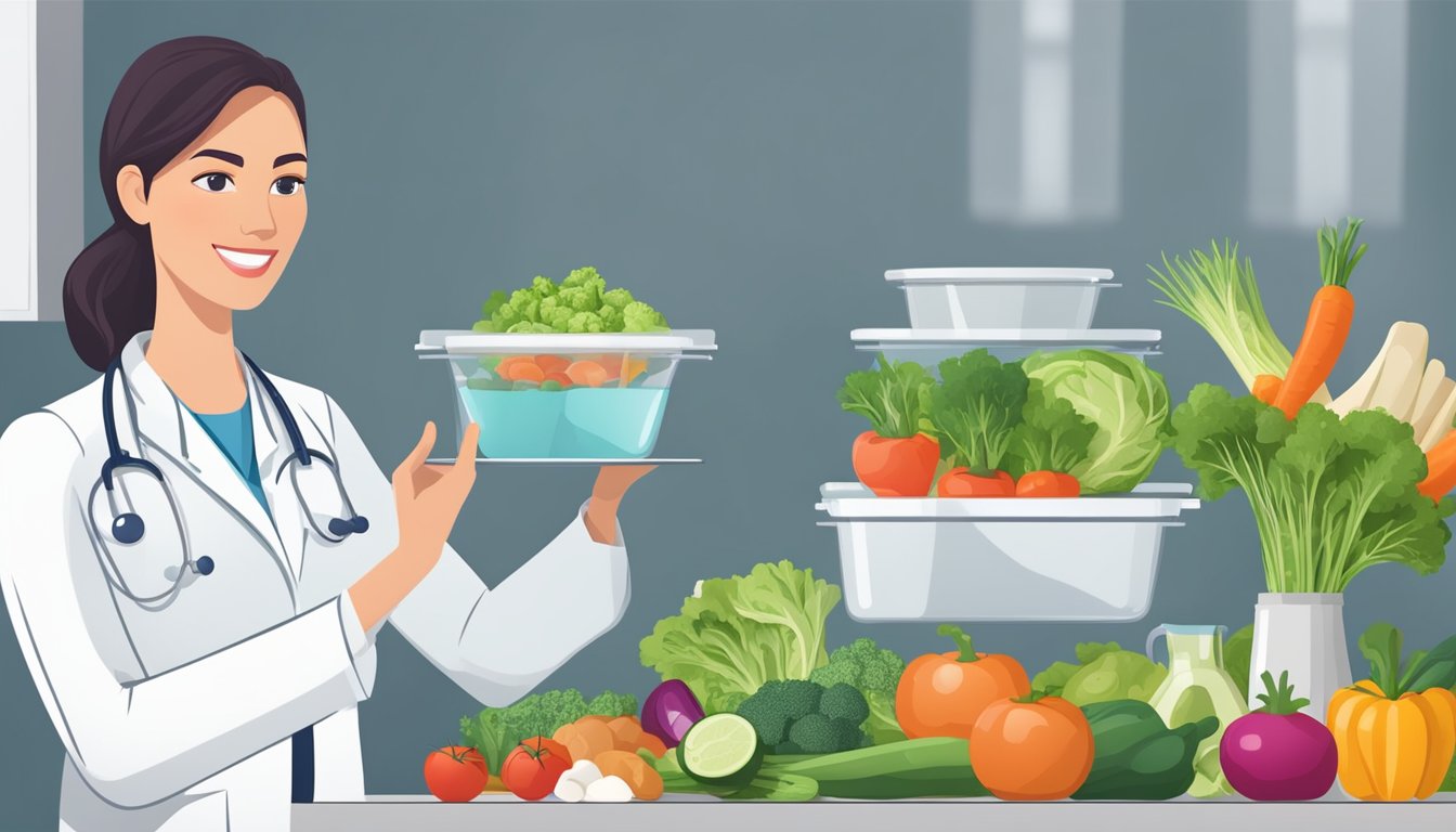 A healthcare provider demonstrates low tyramine meal prep using fresh vegetables and lean protein, while discussing the importance of a balanced diet