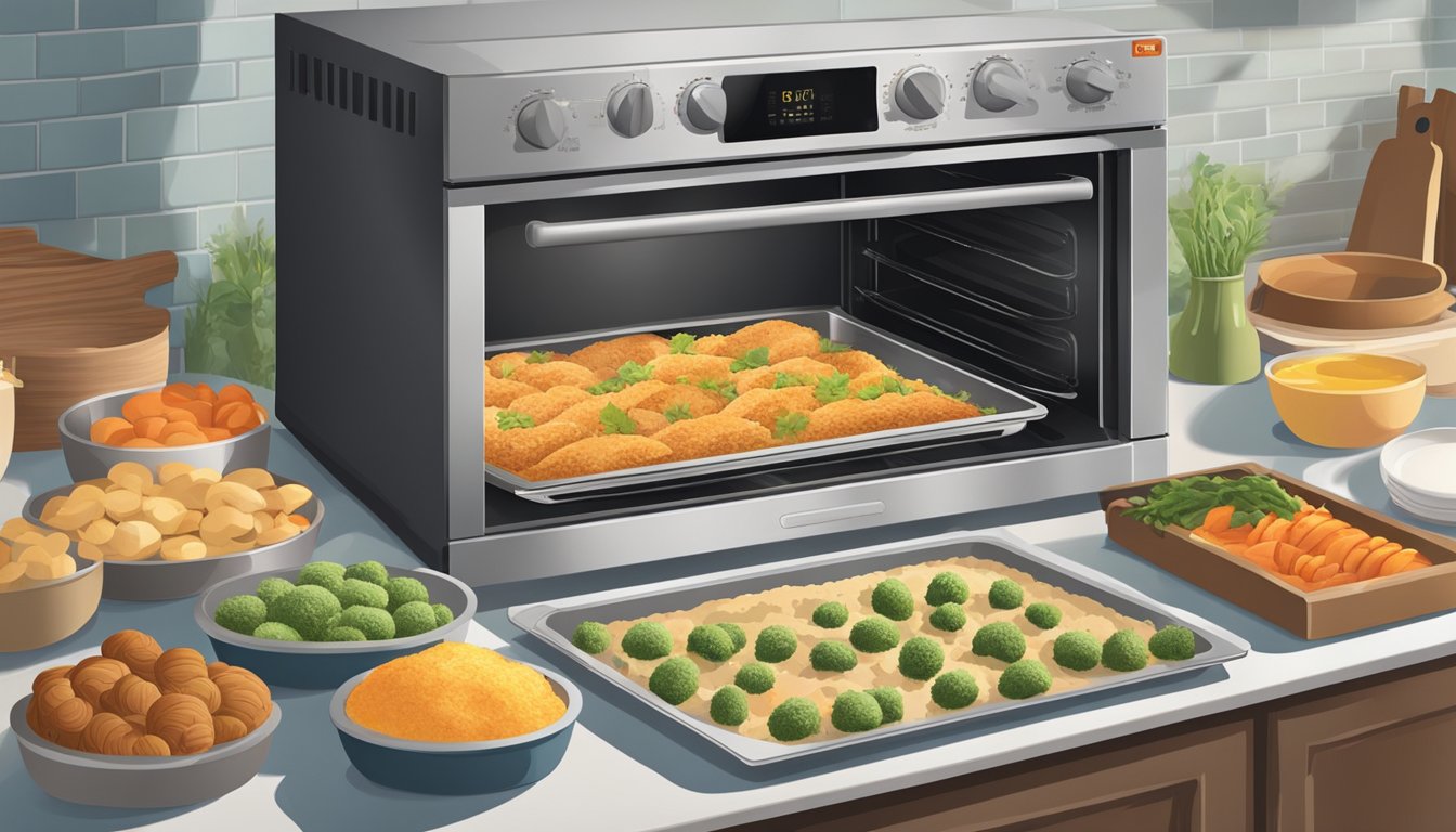 A convection oven surrounded by various prepped food items on baking sheets. Ingredients are being chopped, mixed, and seasoned on a clean countertop nearby