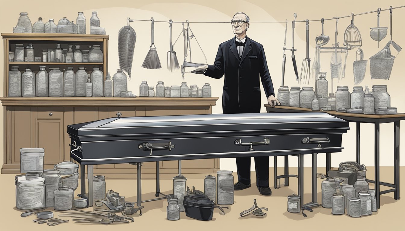 A funeral director standing in front of a table covered in various embalming tools and supplies, with a price list displayed prominently