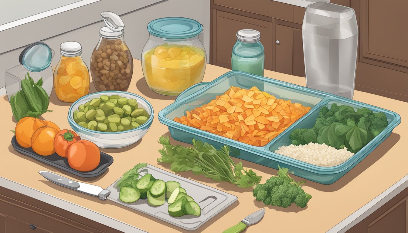 A kitchen counter with assorted low-tyramine foods, cutting board, knife, and meal prep containers