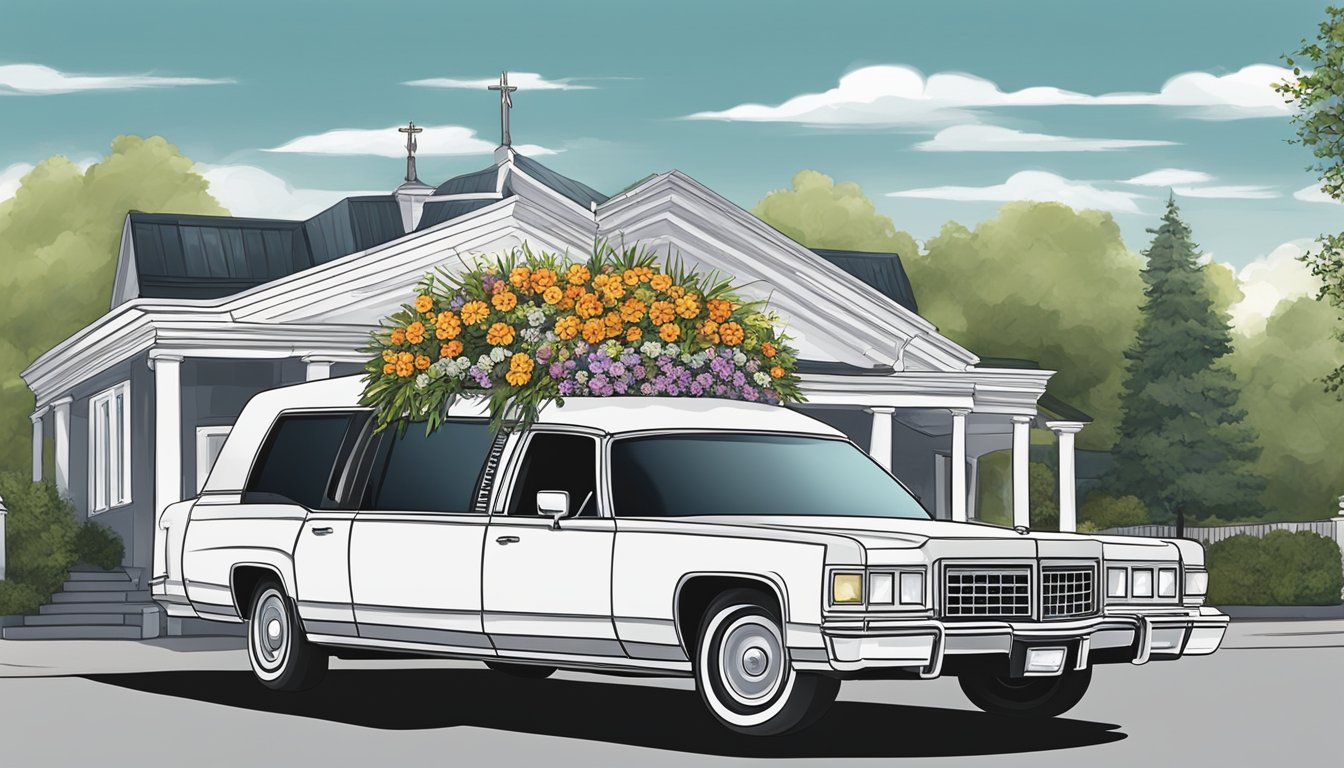 A hearse parked outside a funeral home, with a casket being loaded onto a waiting transportation vehicle. Flowers and mourners in the background