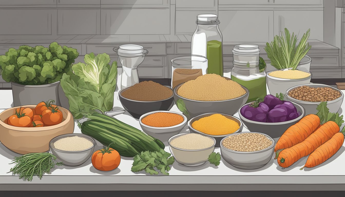 A kitchen counter with fresh vegetables, lean proteins, and whole grains laid out for meal prepping. A list of low tyramine foods is pinned to the wall for reference