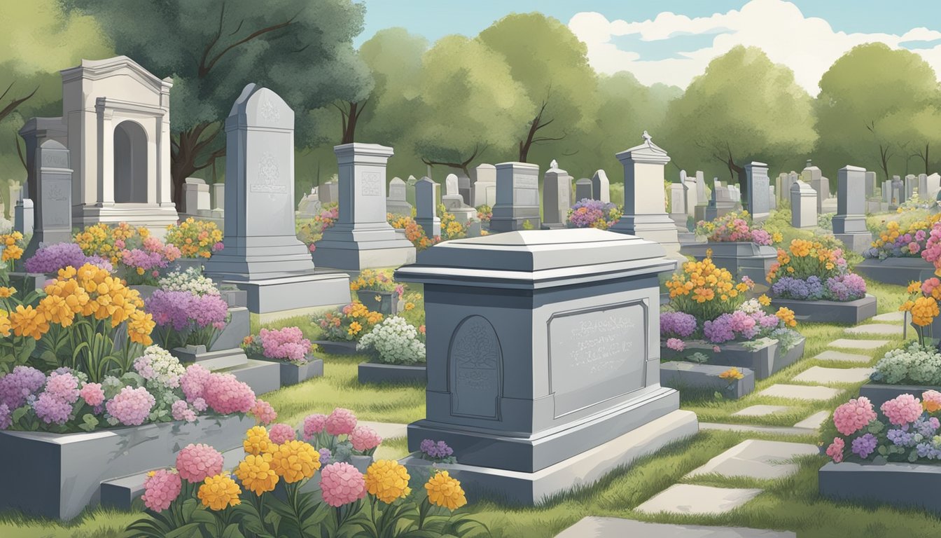 A serene cemetery with a gravestone being engraved, surrounded by unexpected expenses like flowers, urns, and caskets