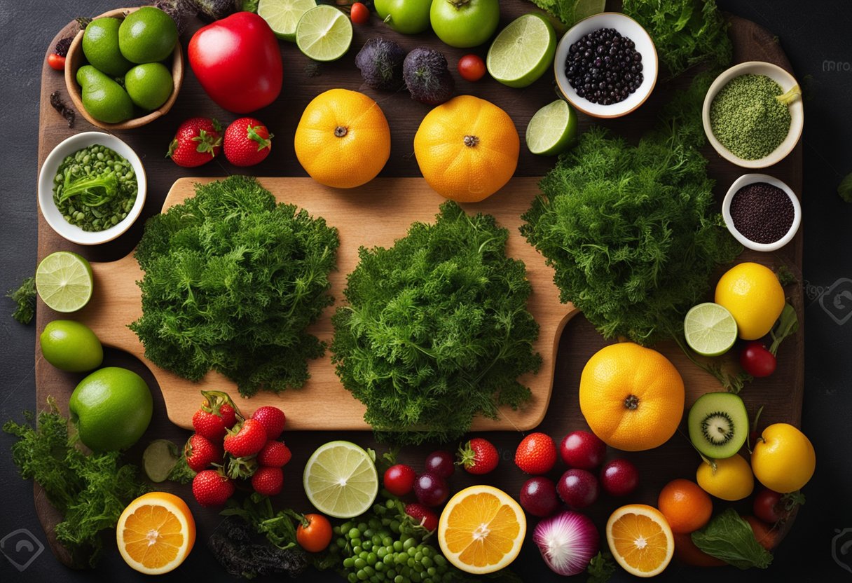 A variety of fresh, vibrant seaweed species arranged on a wooden cutting board, surrounded by colorful fruits and vegetables