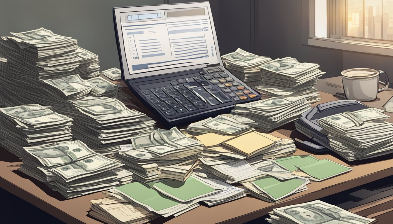 A desk cluttered with legal documents and invoices, surrounded by a stack of cash and a calculator. A somber, serious atmosphere