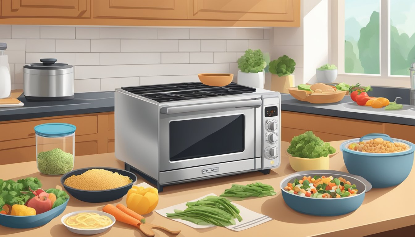 A clutter-free kitchen counter with a convection oven, various food ingredients, and meal prep containers neatly arranged