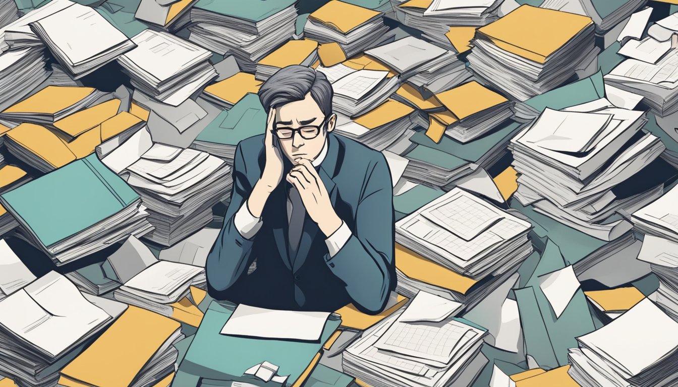 A person surrounded by scattered papers and looking stressed while trying to plan a funeral without a clear budget