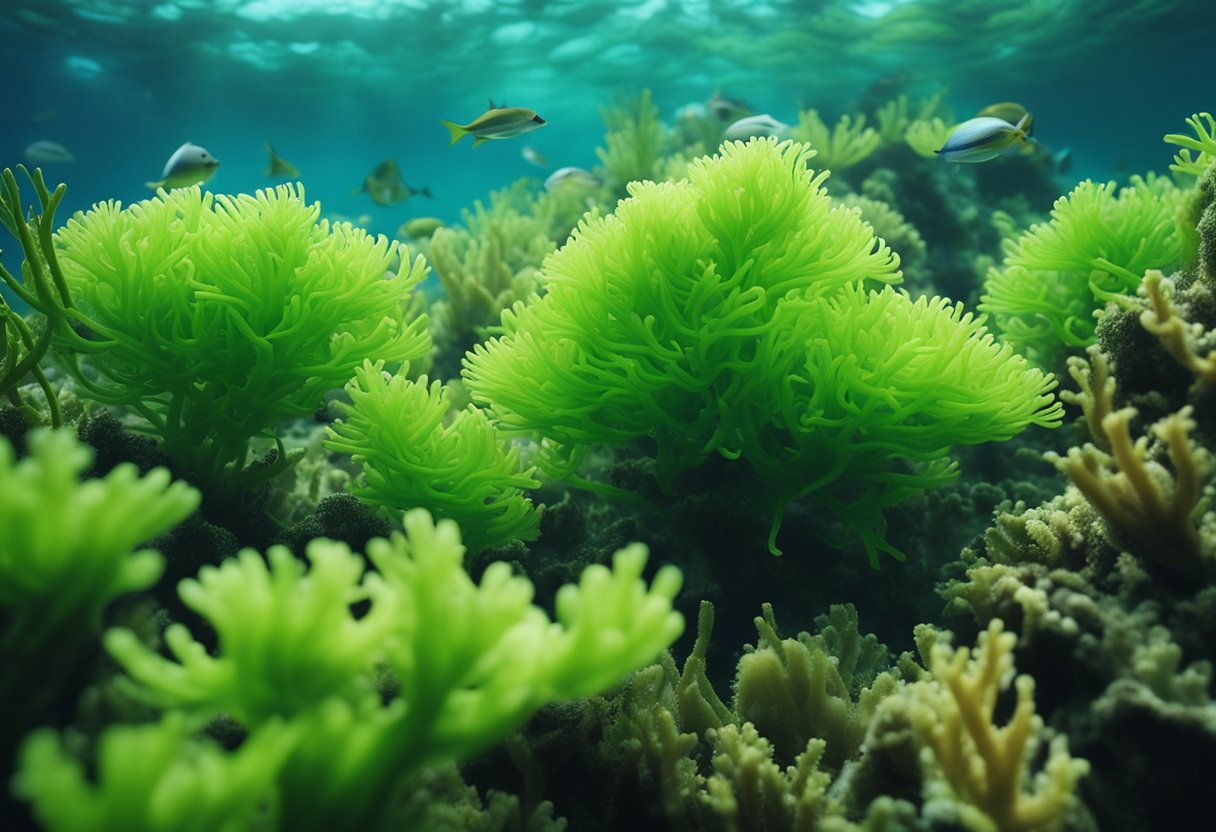 A lush underwater scene with vibrant green Irish Sea Moss swaying gently in the current, surrounded by diverse marine life