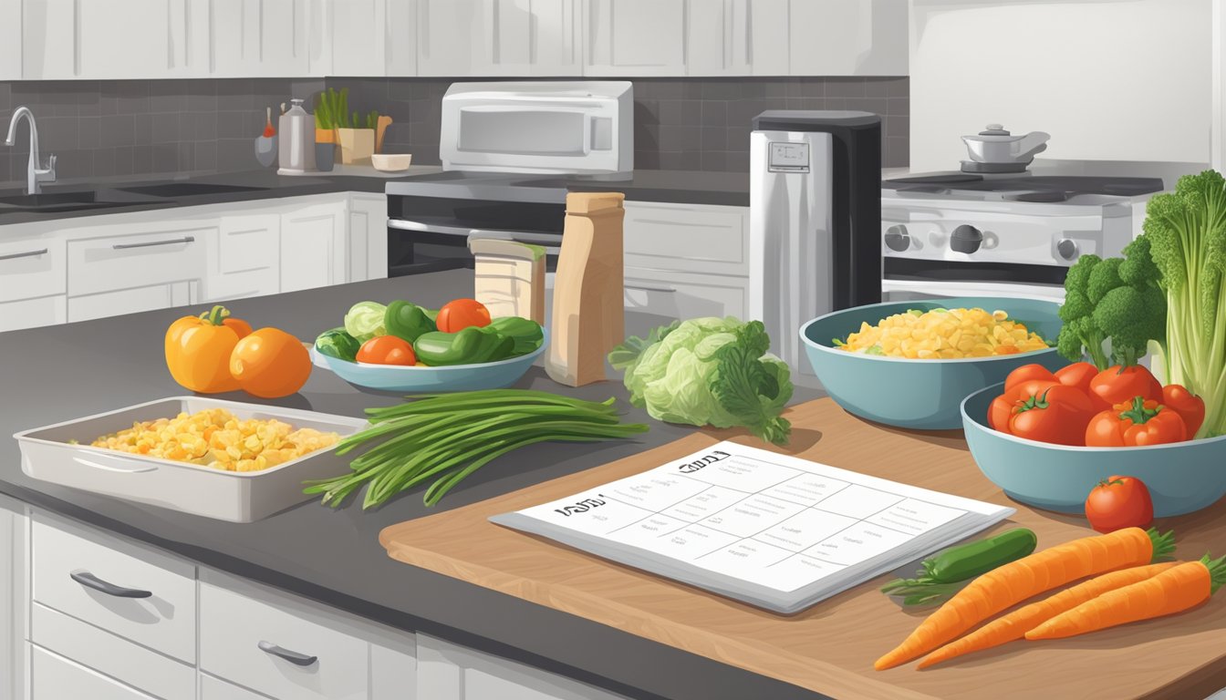 A kitchen counter with organized containers of prepped food, a cutting board with fresh vegetables, and a calendar with training schedule