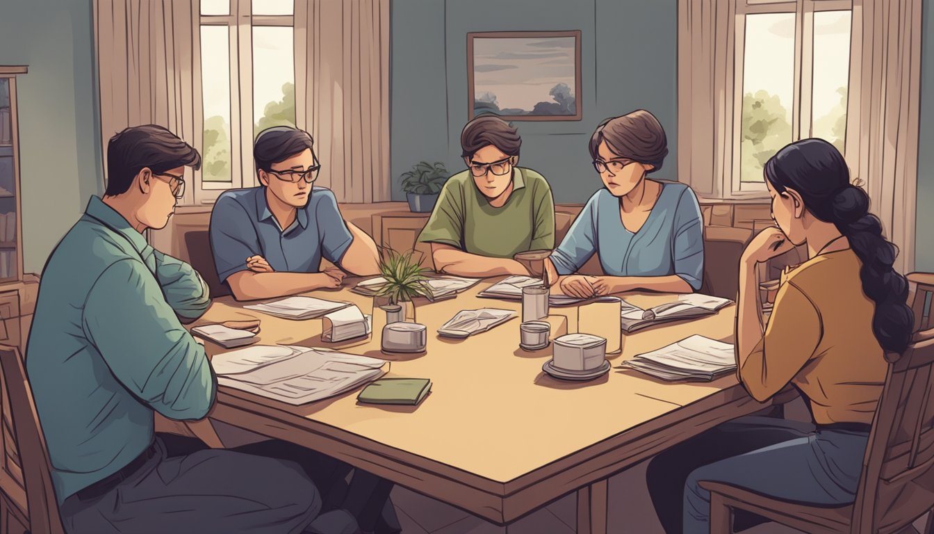 A group of family members sitting around a table, looking frustrated and disconnected while trying to plan a funeral