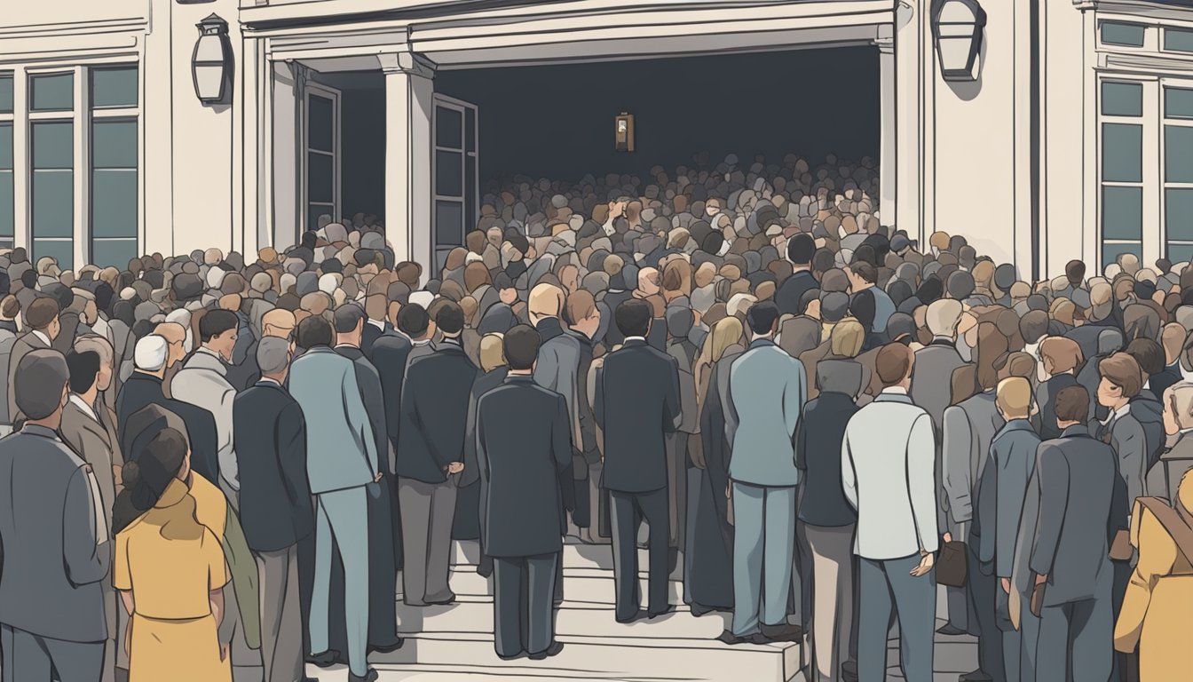 A crowded funeral venue with people spilling out of the doors, illustrating the mistake of not considering capacity when planning