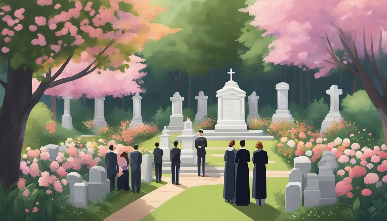 A group of mourners gather in a serene cemetery, surrounded by lush greenery and blooming flowers. A funeral director leads them through a thoughtful and respectful ceremony