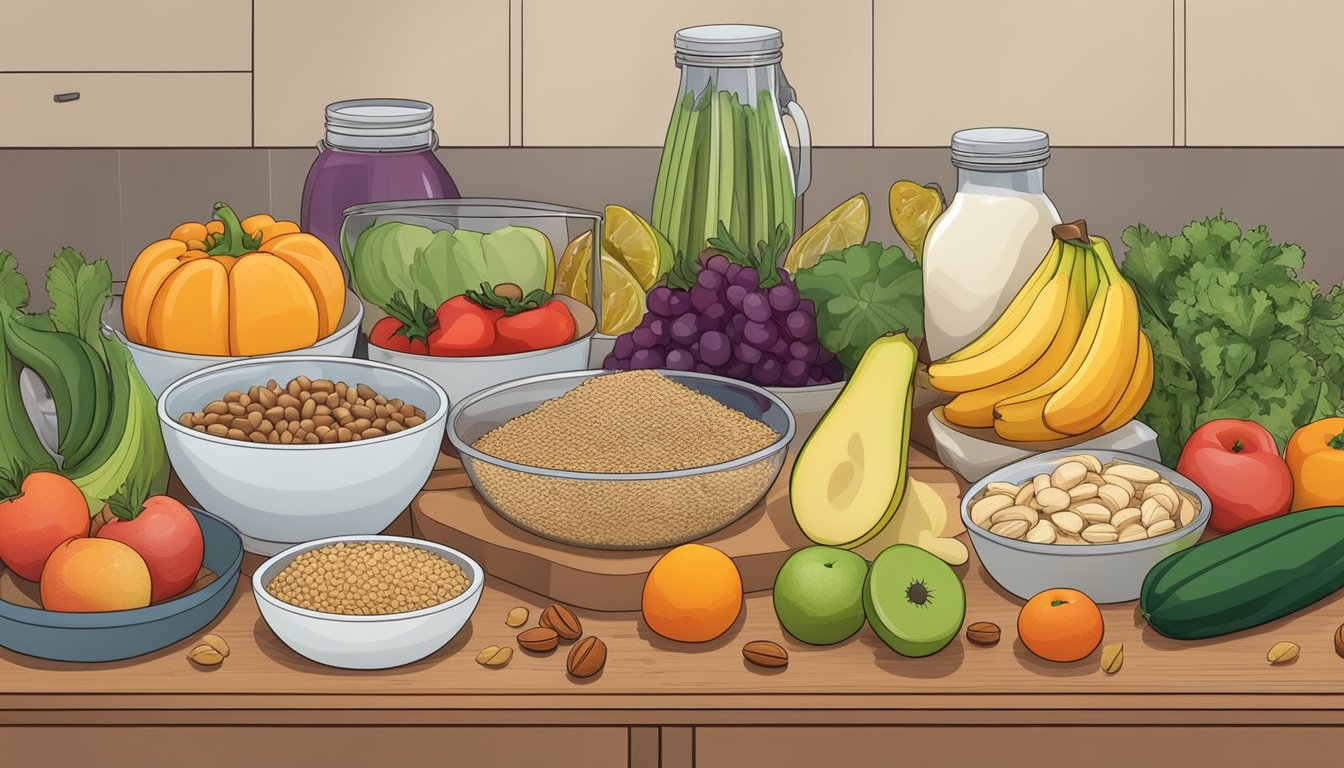 A kitchen counter with an array of fresh fruits, vegetables, nuts, seeds, and whole grains. A cutting board, knife, and meal prep containers are also present