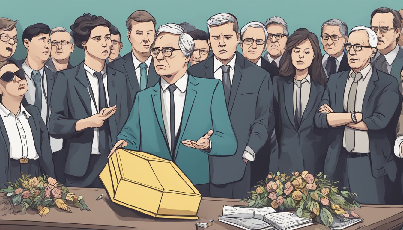 A group of confused and frustrated attendees surround a disorganized funeral planner