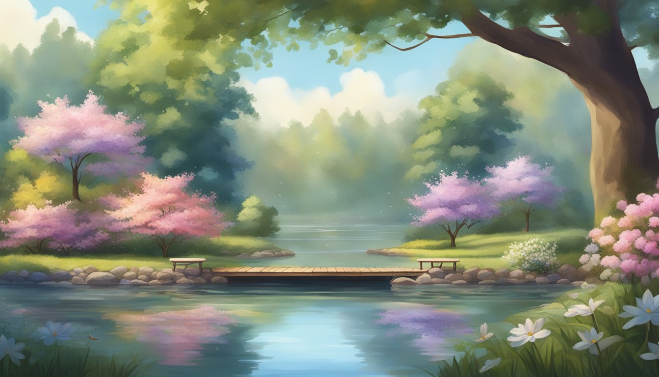 A serene outdoor setting with a peaceful pond, surrounded by blooming flowers and tall trees, with soft music playing in the background