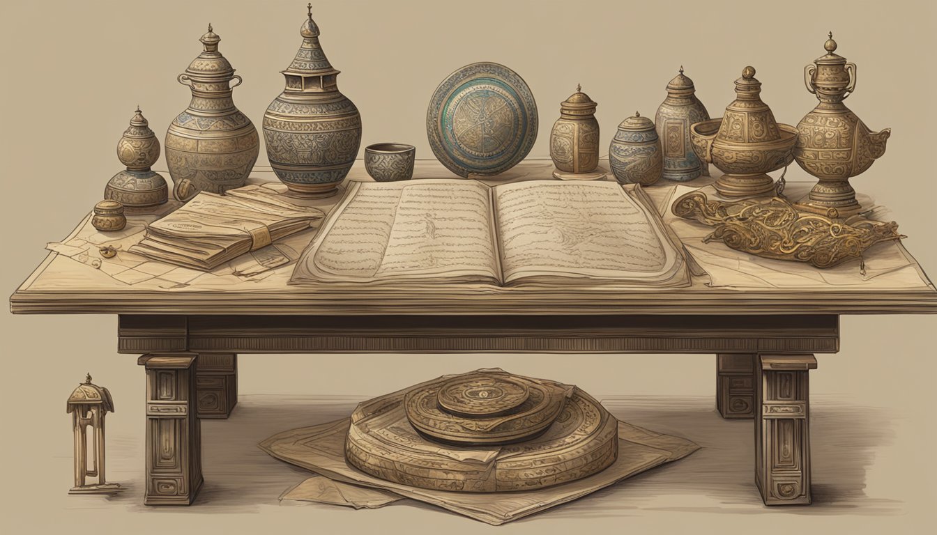 A table adorned with cultural artifacts and religious symbols, surrounded by 12 questions written on parchment