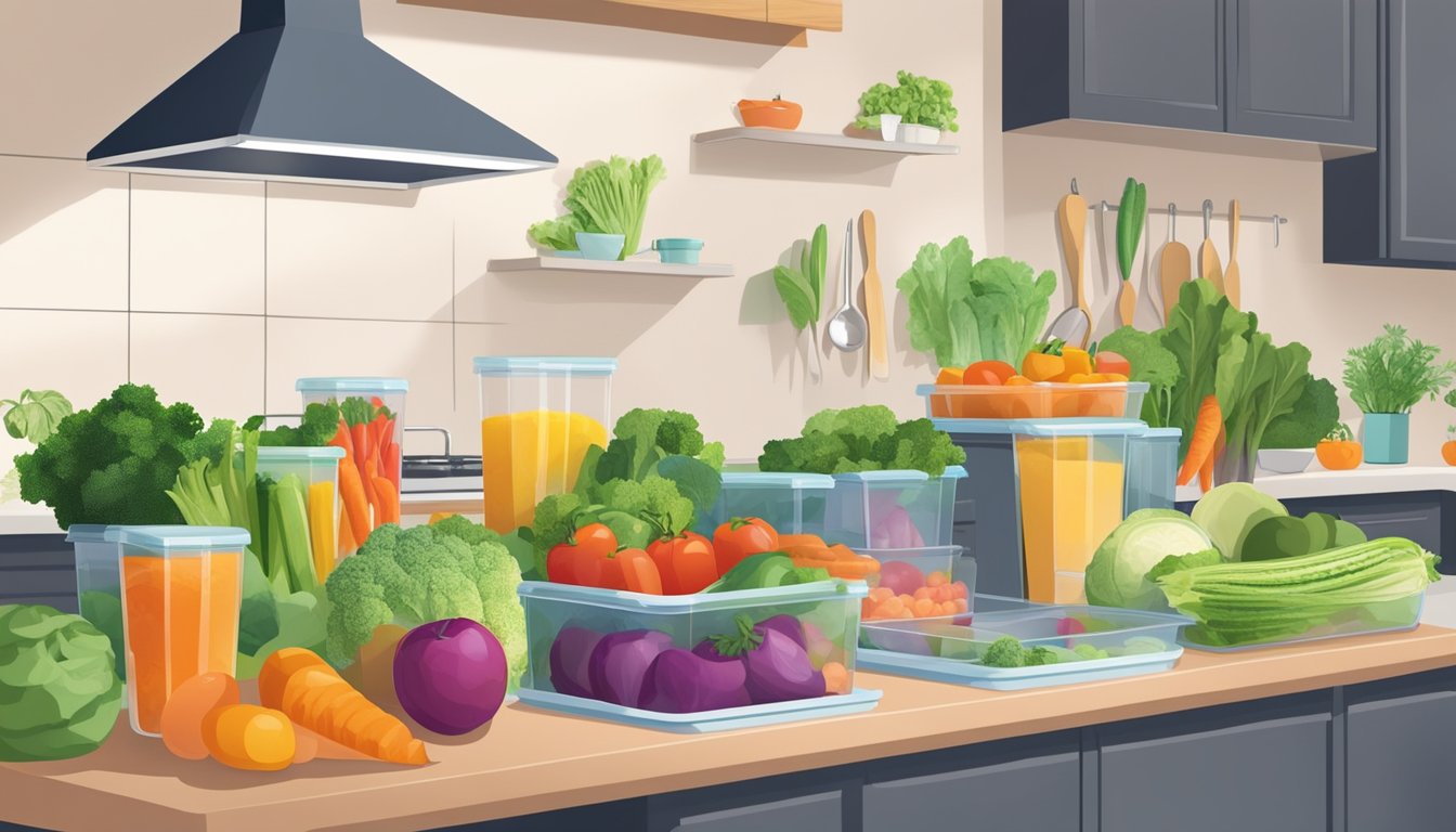 A kitchen counter with fresh vegetables, fruits, and lean proteins being prepped and organized into meal containers for a low lectin diet