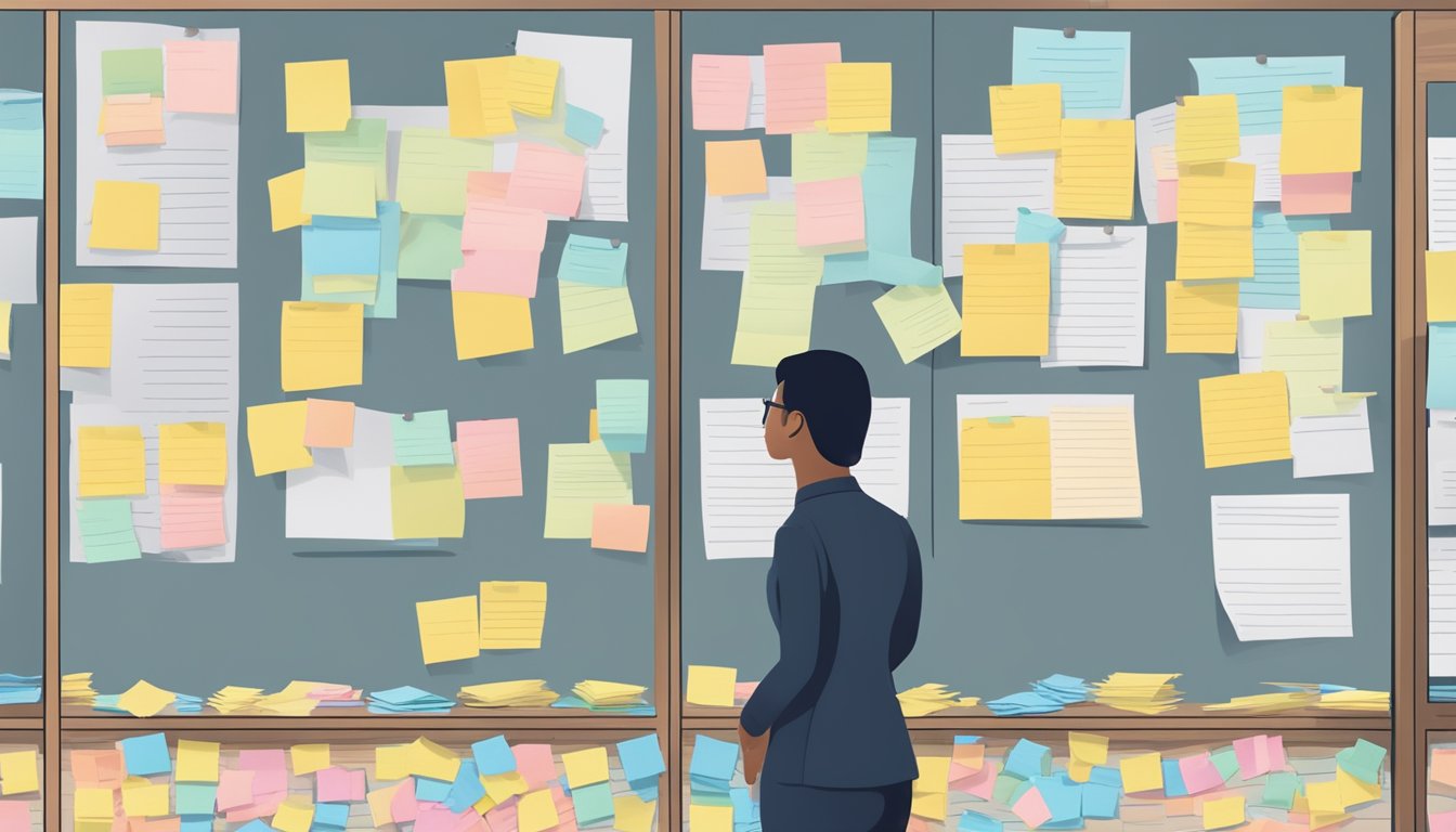 A person standing in front of a bulletin board covered in sticky notes and photos, organizing and prioritizing tasks for a funeral