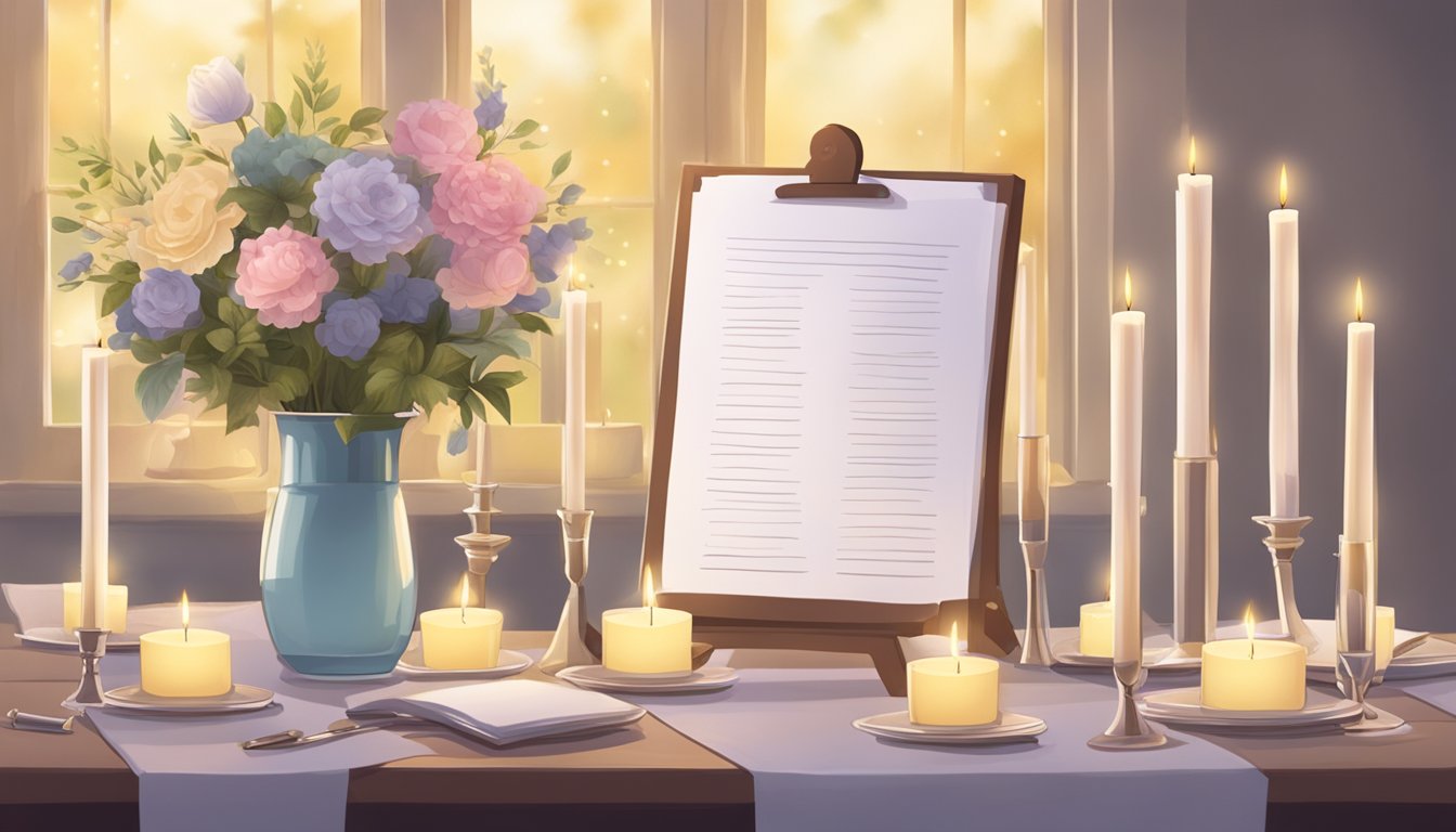 A serene setting with a table displaying a list of 12 questions, surrounded by candles and flowers