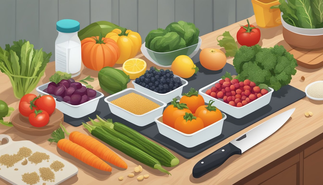 A kitchen counter with various fresh vegetables, fruits, and grains neatly organized in containers, with a cutting board and knife ready for meal prep