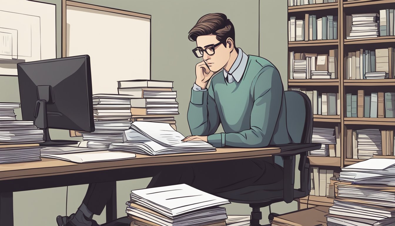 A person sitting at a desk with a paper and pen, surrounded by a stack of books and a computer, contemplating questions for pre-planning a funeral