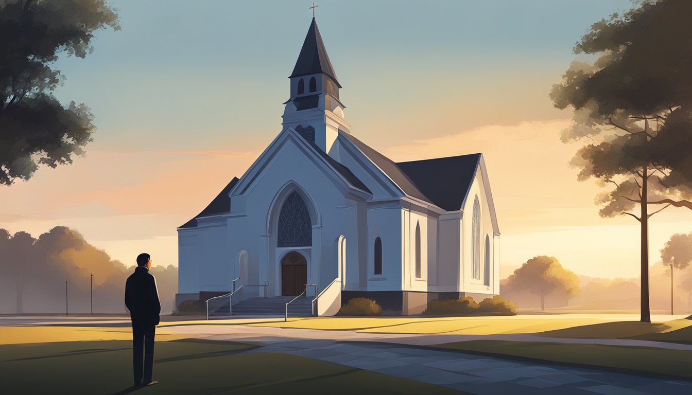 A person standing alone outside a church, early morning light, somber atmosphere