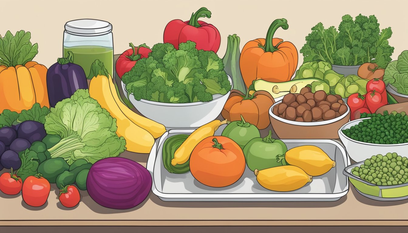 A kitchen counter with various fresh vegetables, fruits, and lean proteins laid out for meal prepping