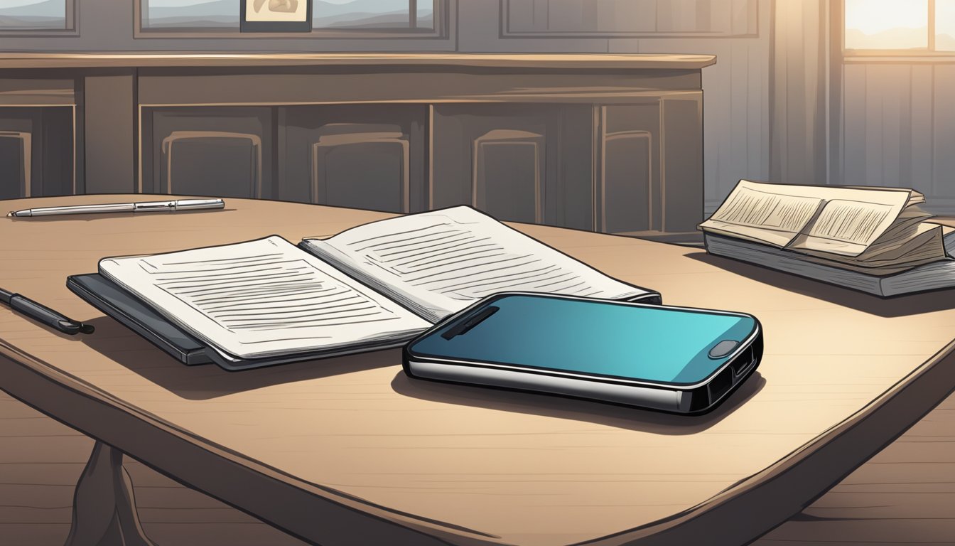 A cell phone lying on a table, with a "silenced" notification displayed. A somber atmosphere, with funeral etiquette rules in the background