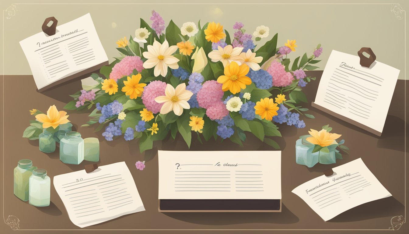 A table with various flower arrangements and types displayed, surrounded by a list of 12 questions related to pre-planning a funeral