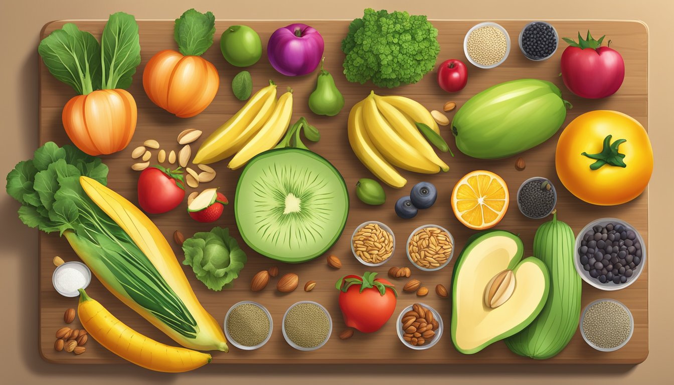 A colorful array of fresh fruits, vegetables, nuts, and seeds arranged on a wooden cutting board, surrounded by containers of prepped ingredients