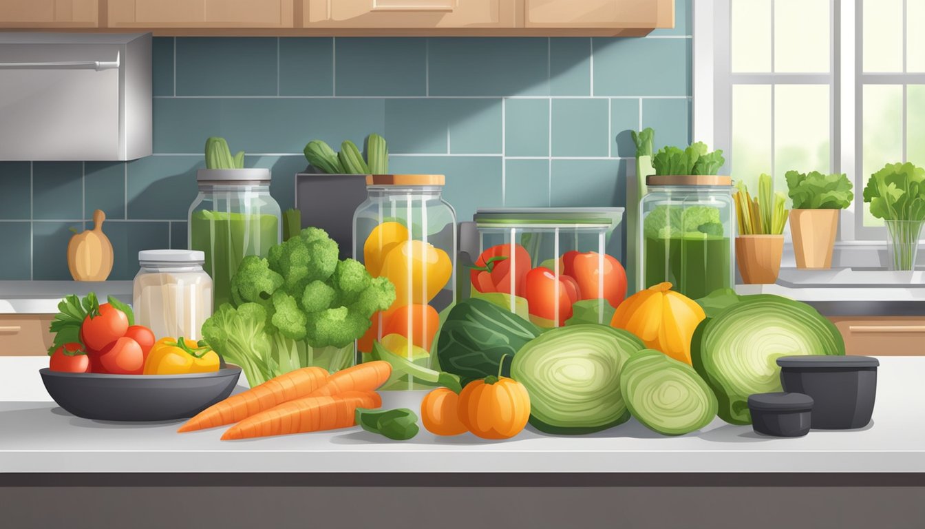 A kitchen counter with a variety of fresh vegetables, fruits, and lean proteins. A meal prep station with cutting boards, knives, and glass storage containers