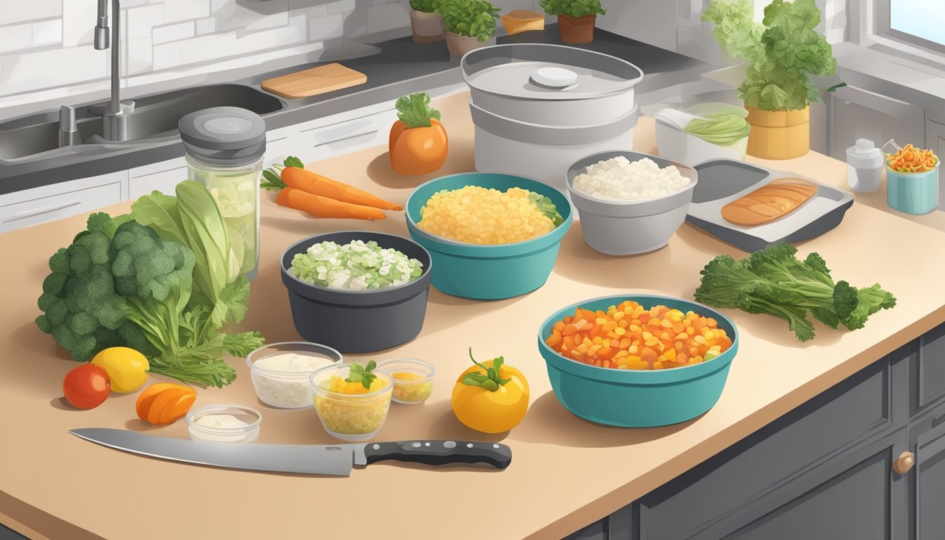 A kitchen counter with assorted low purine foods, cutting board, knife, and meal prep containers