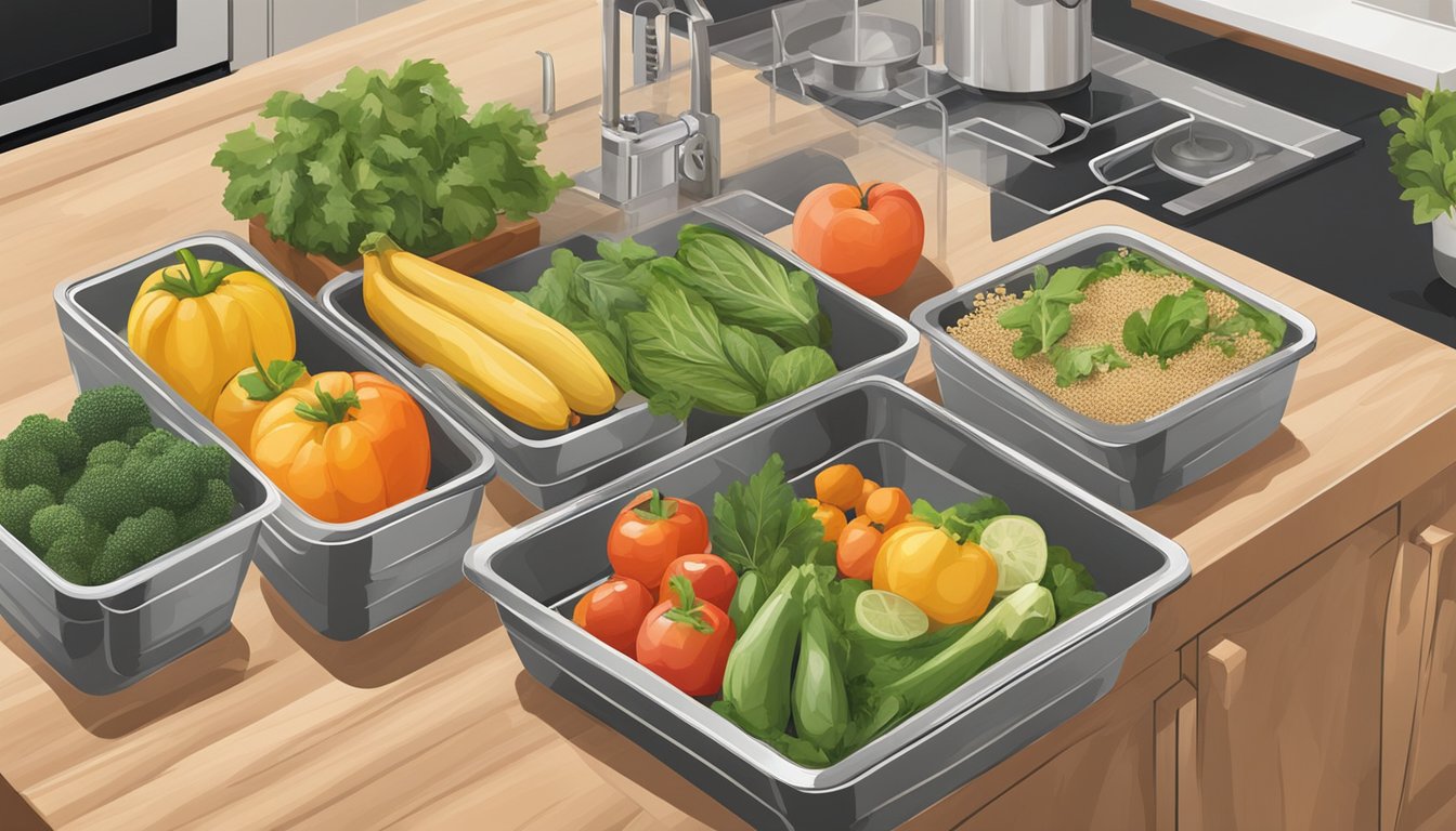 A serene kitchen with fresh fruits, vegetables, grains, and herbs arranged neatly on a wooden countertop, ready for meal prepping