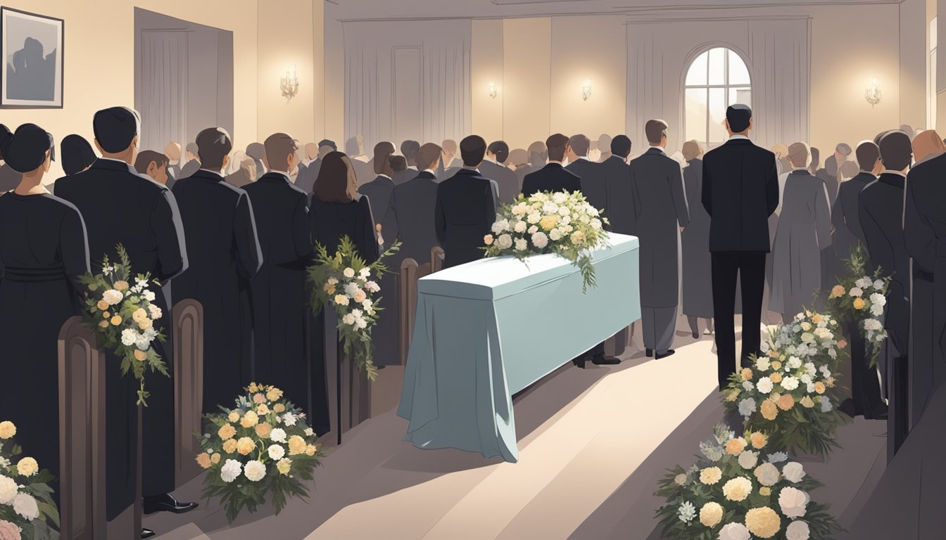 A somber gathering at a funeral service, with guests dressed in dark attire and flowers placed around the room