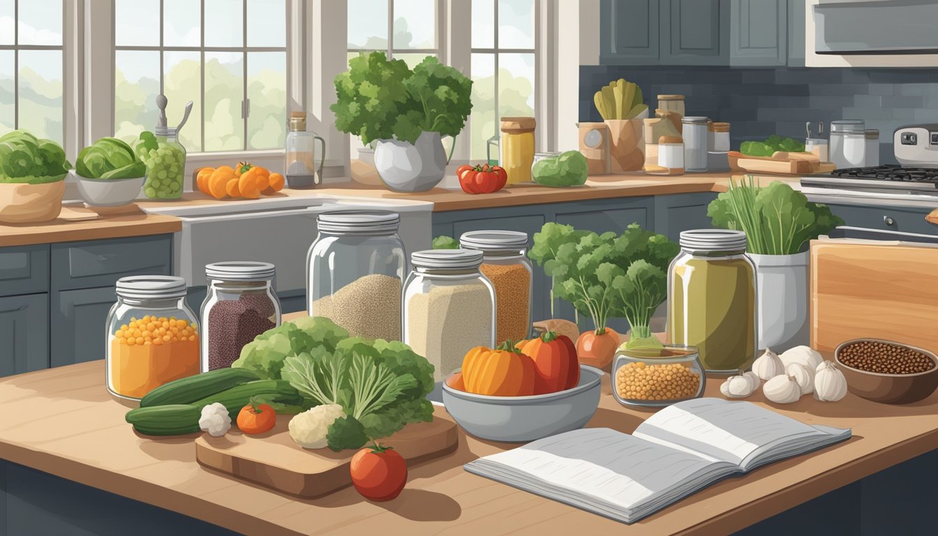 A kitchen counter with various non-grain flours, vegetables, and legumes neatly organized in glass jars and containers. A cutting board with fresh produce and a cookbook open to a low lectin recipe