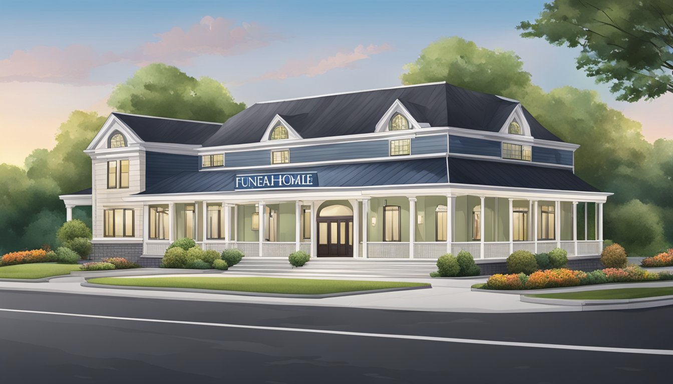 A funeral home exterior with a sign, entrance, and surrounding landscape