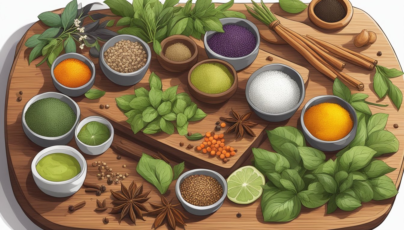 A serene kitchen with fresh, colorful ingredients arranged on a wooden cutting board, surrounded by Ayurvedic spices and herbs