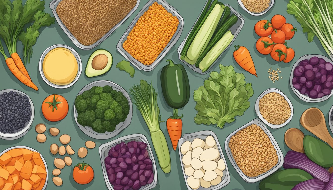 A kitchen counter with assorted fresh vegetables, lean proteins, and whole grains laid out for meal prepping