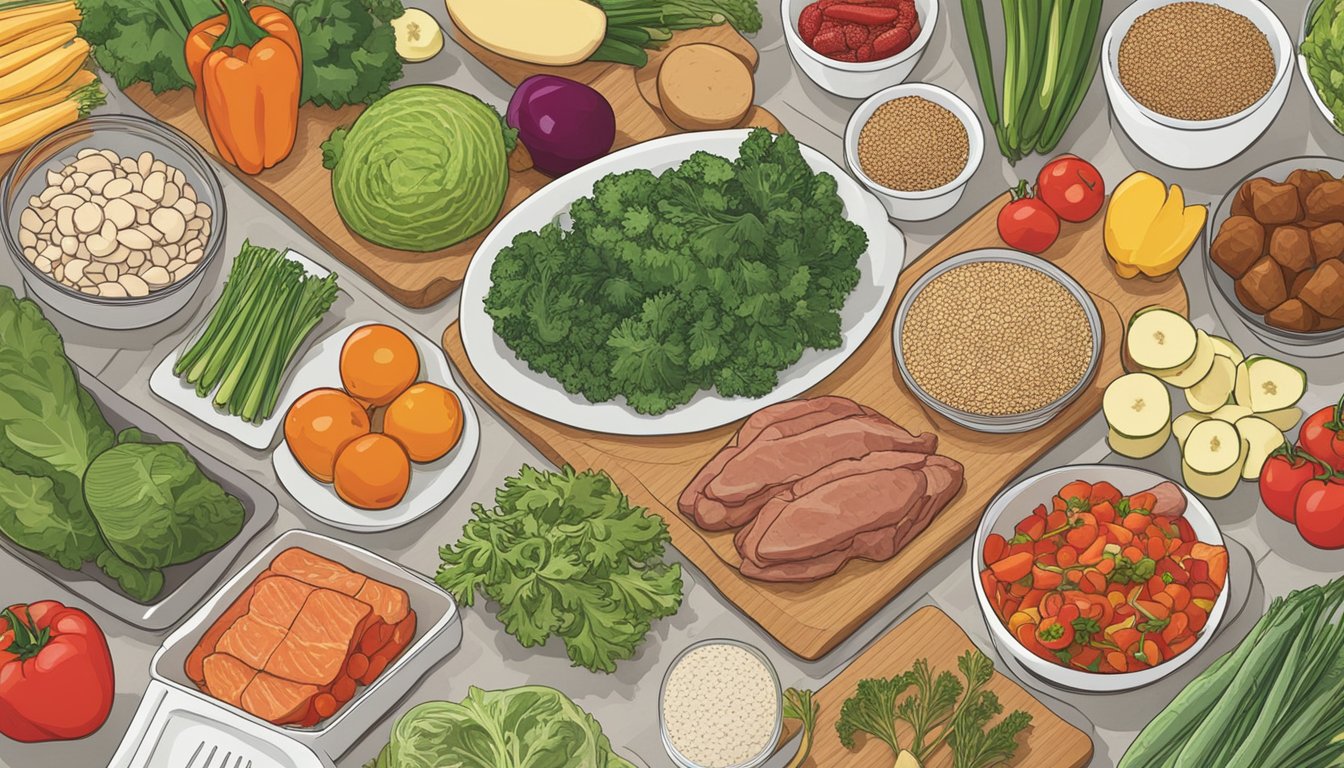 A kitchen counter with various fresh vegetables, lean meats, and whole grains laid out for meal prepping. A low purine diet cookbook is open for reference