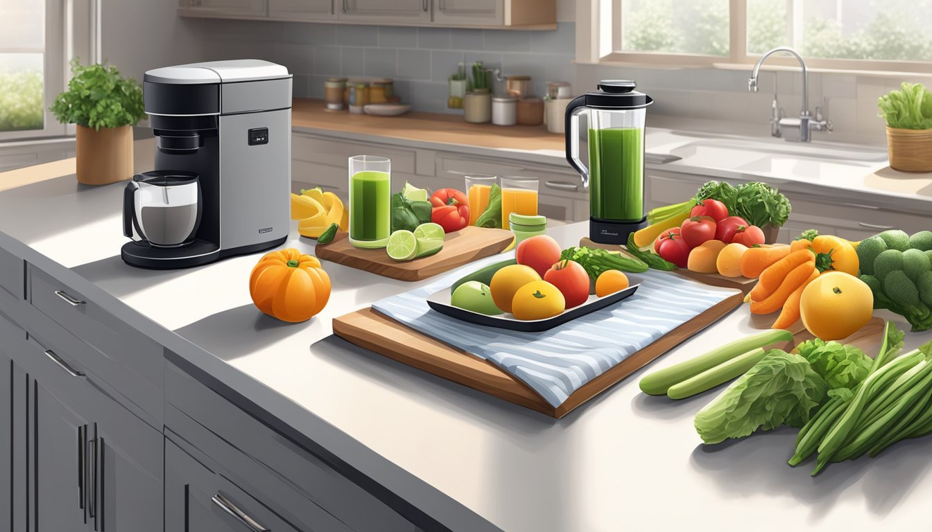 A kitchen counter with fresh fruits and vegetables, a slow juicer, meal prep containers, and a cutting board with a knife