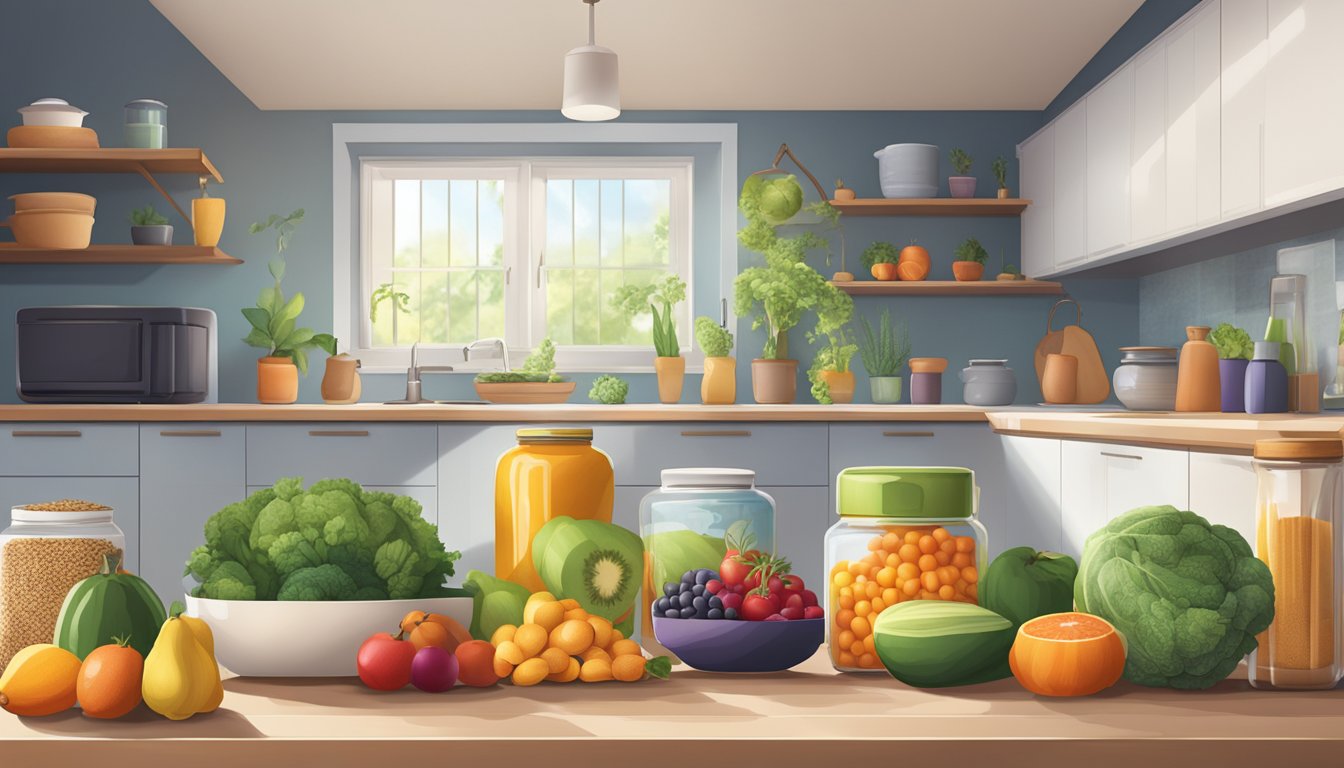 A serene kitchen with neatly organized containers of colorful fruits, vegetables, and grains, alongside yoga mats and meditation cushions