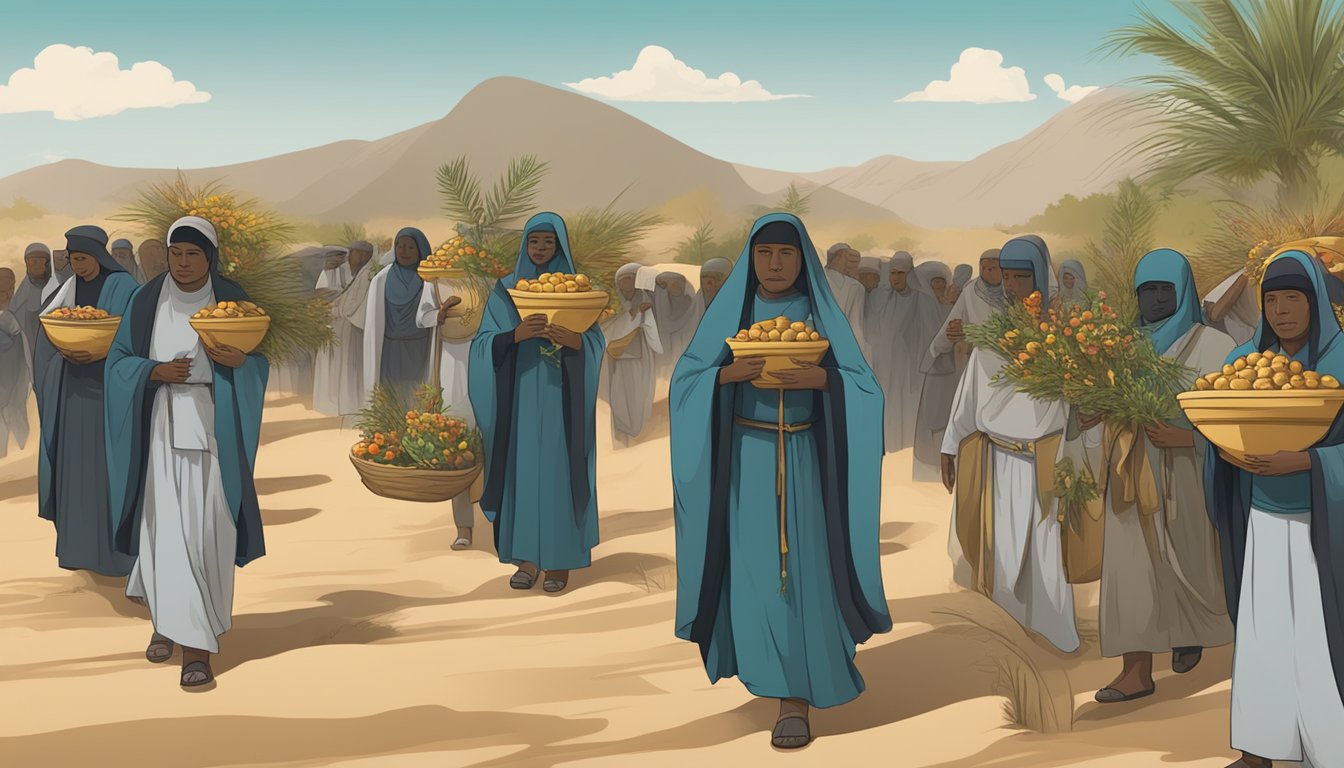 A solemn procession of mourners carrying offerings to a sacred burial site, surrounded by traditional symbols and artifacts