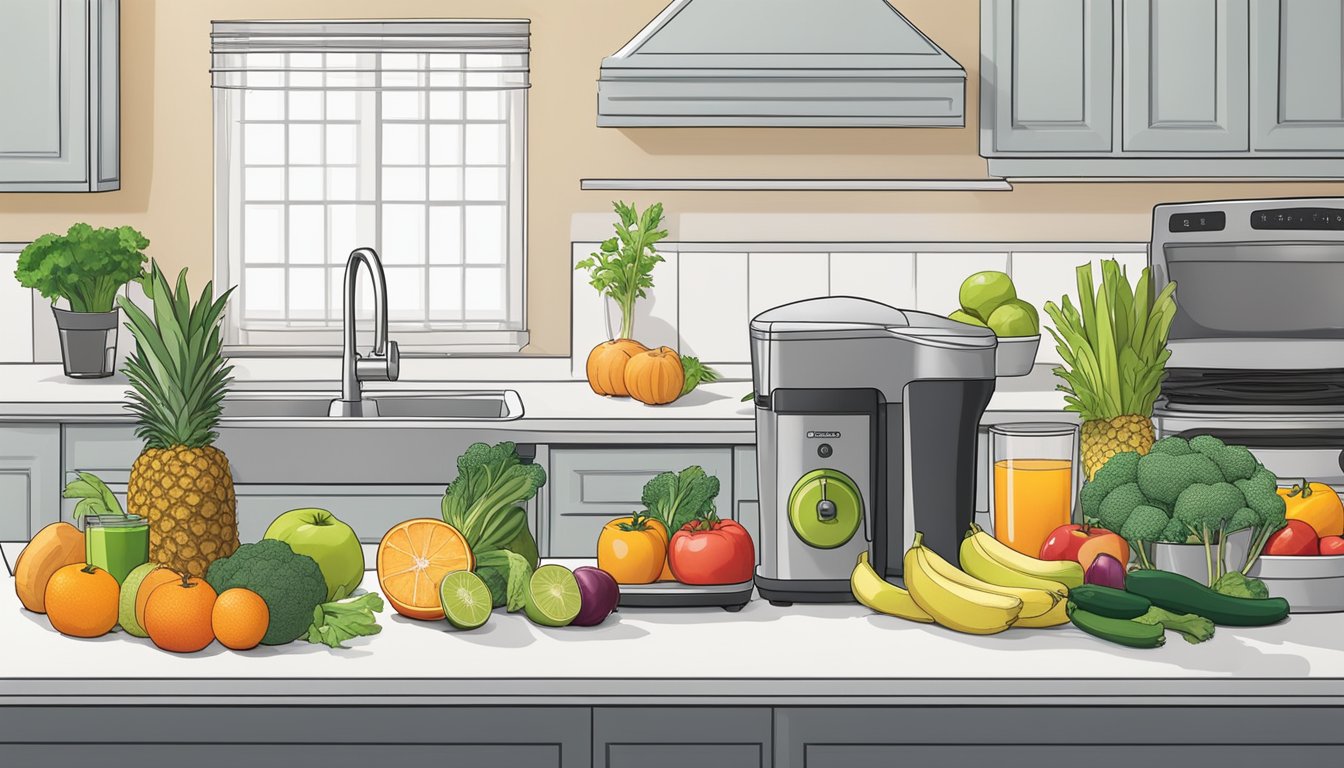 A kitchen counter with fresh fruits and vegetables, a slow juicer, meal prep containers, and a recipe book open to a page about juicing