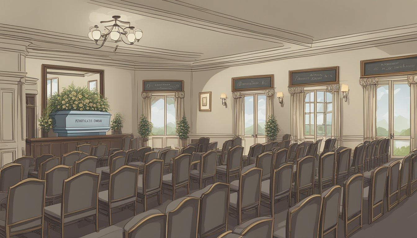 A funeral home with 15 empty chairs, a reception desk, and a sign listing "Questions to ask when choosing a funeral home."