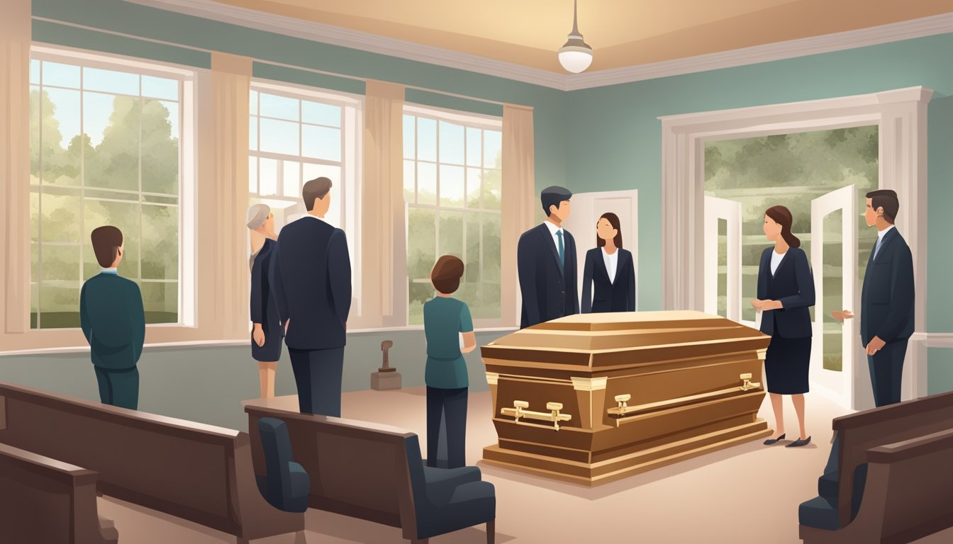 A simple funeral home setting with a cremation chamber and a family discussing options with a funeral director