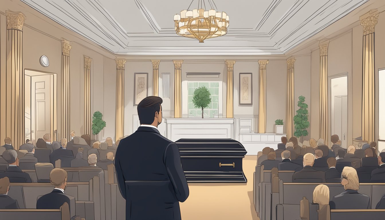 A funeral director listening to a family's personal requests, surrounded by a list of 15 questions to ask when choosing a funeral home