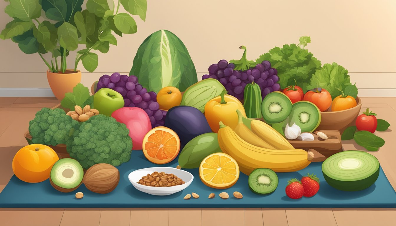 A table with colorful fruits, vegetables, grains, and nuts arranged in an organized and balanced manner, surrounded by yoga mats and meditation cushions