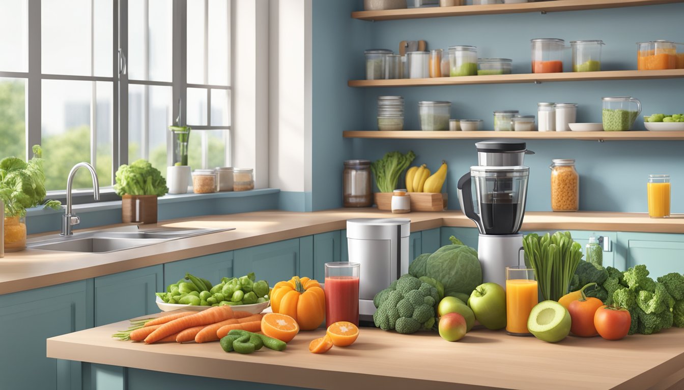 A kitchen counter with fresh fruits and vegetables, a slow juicer, and various storage containers for prepped meals