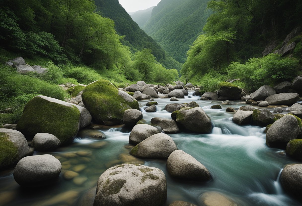 A mountainous landscape with a flowing river, surrounded by lush greenery and dotted with mineral-rich rocks and formations