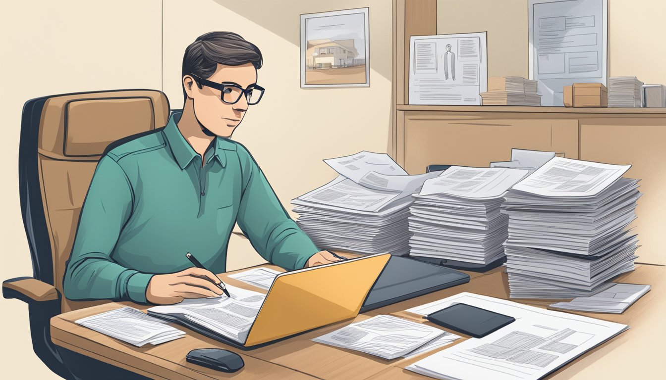 A person sitting at a desk, surrounded by papers and a computer, with a list of 15 questions and a funeral home brochure